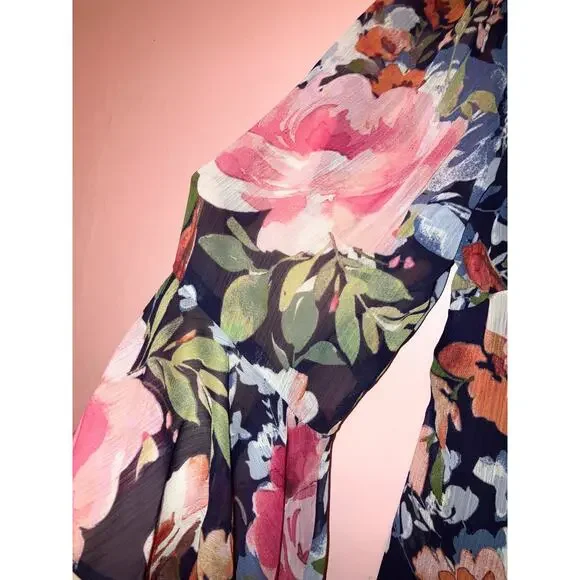 Connected Apparel Navy Floral Flowy Sleeve Shift Dress Women’s 12 Petite - Picture 6 of 6